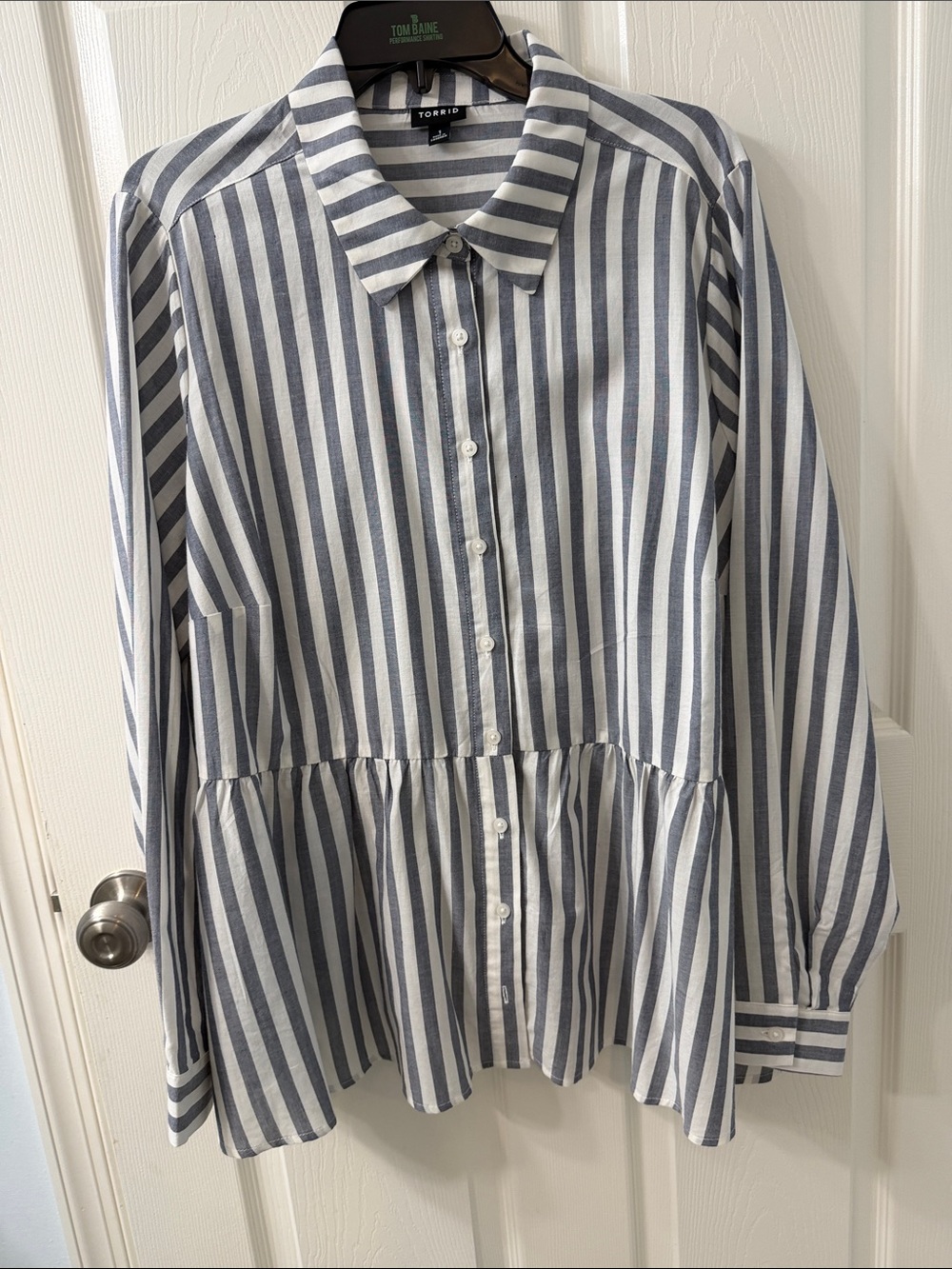 Torrid Women’s Navy and White Vertical Stripe Peplum Button-Up Blouse